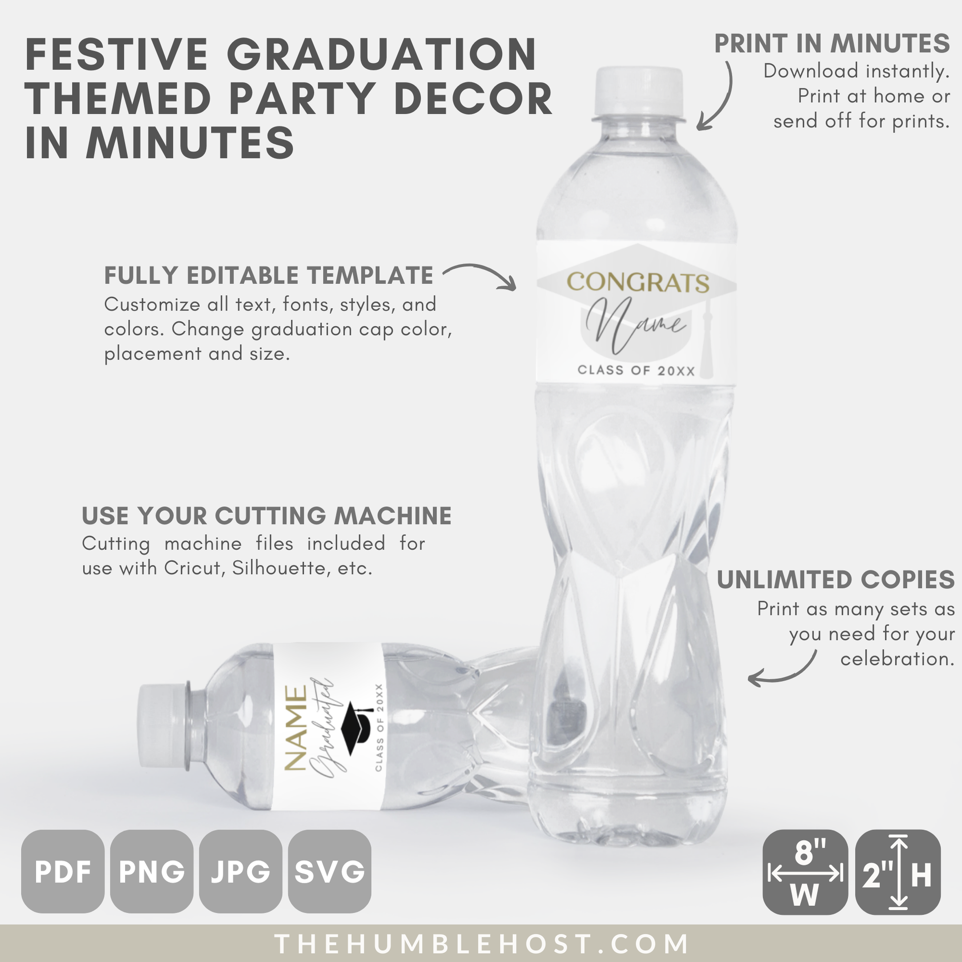 Graduation Water Bottle Labels, Graduation Party Editable Template, Waterproof Label, Class of, Printable Bottle Stickers, custom colors, custom party decor, cricut silhouette, custom bottle label, diy label template, water bottle wrapper minimalist