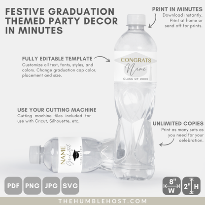 Graduation Water Bottle Labels, Graduation Party Editable Template, Waterproof Label, Class of, Printable Bottle Stickers, custom colors, custom party decor, cricut silhouette, custom bottle label, diy label template, water bottle wrapper minimalist