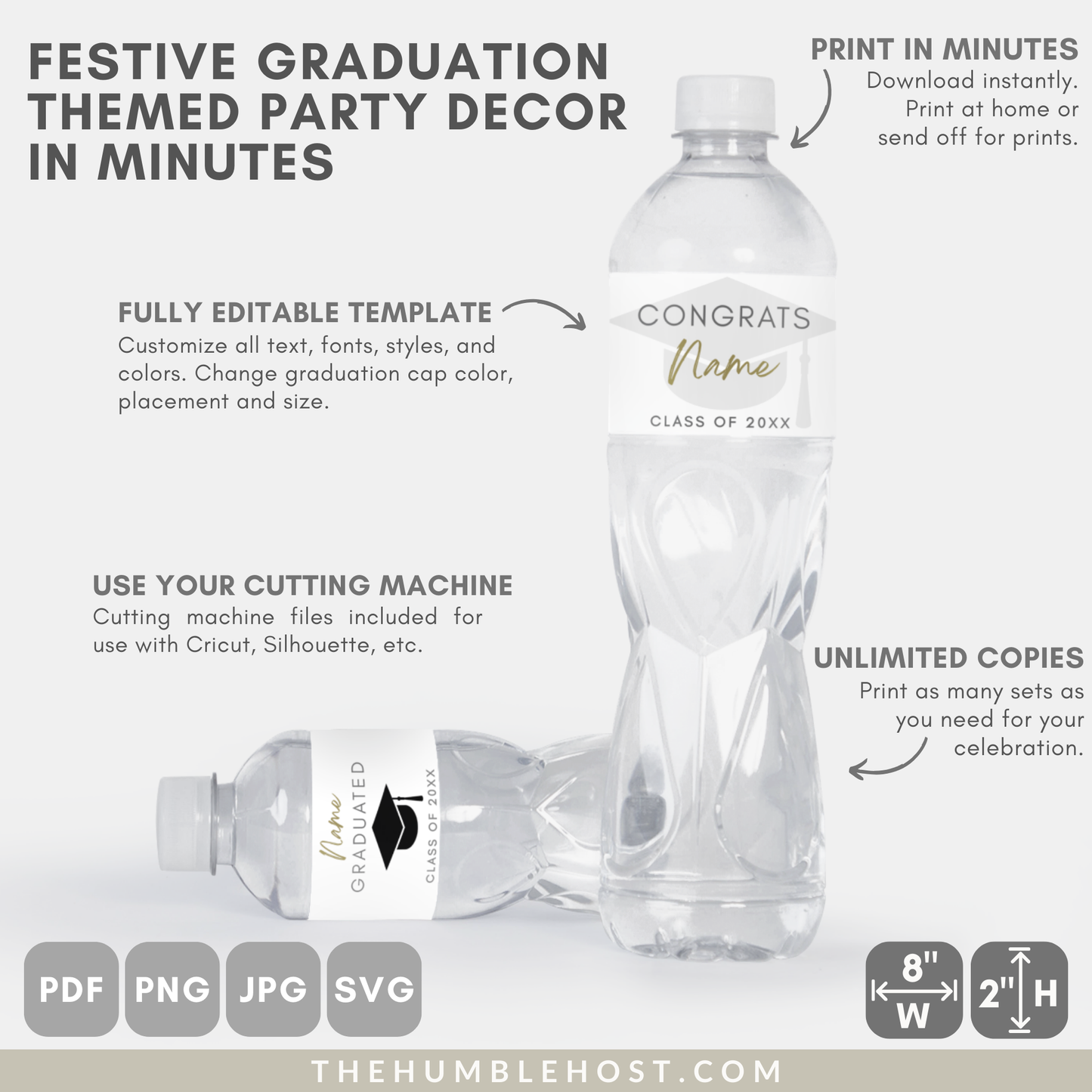 Graduation Water Bottle Labels, Graduation Party Editable Template, Waterproof Label, Class of, Printable Bottle Stickers, custom colors, custom party decor, cricut silhouette, custom bottle label, diy label template, water bottle wrapper minimalist