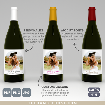 Graduation Wine Labels, Custom Champagne Labels, Gift for Grad, Graduation Party Favors, Graduation Gift, Custom Photo Editable Template, congrats grad, congratulations, custom gift, grad party decor, label with picture, personalized gift photo label