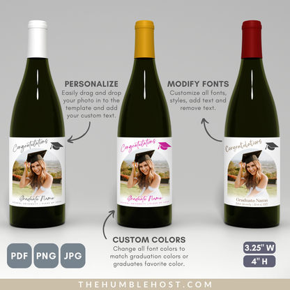 Graduation Wine Labels, Custom Champagne Labels, Gift for Grad, Graduation Party Favors, Graduation Gift, Custom Photo Editable Template, congrats grad, congratulations, custom gift, grad party decor, label with picture, personalized gift photo label