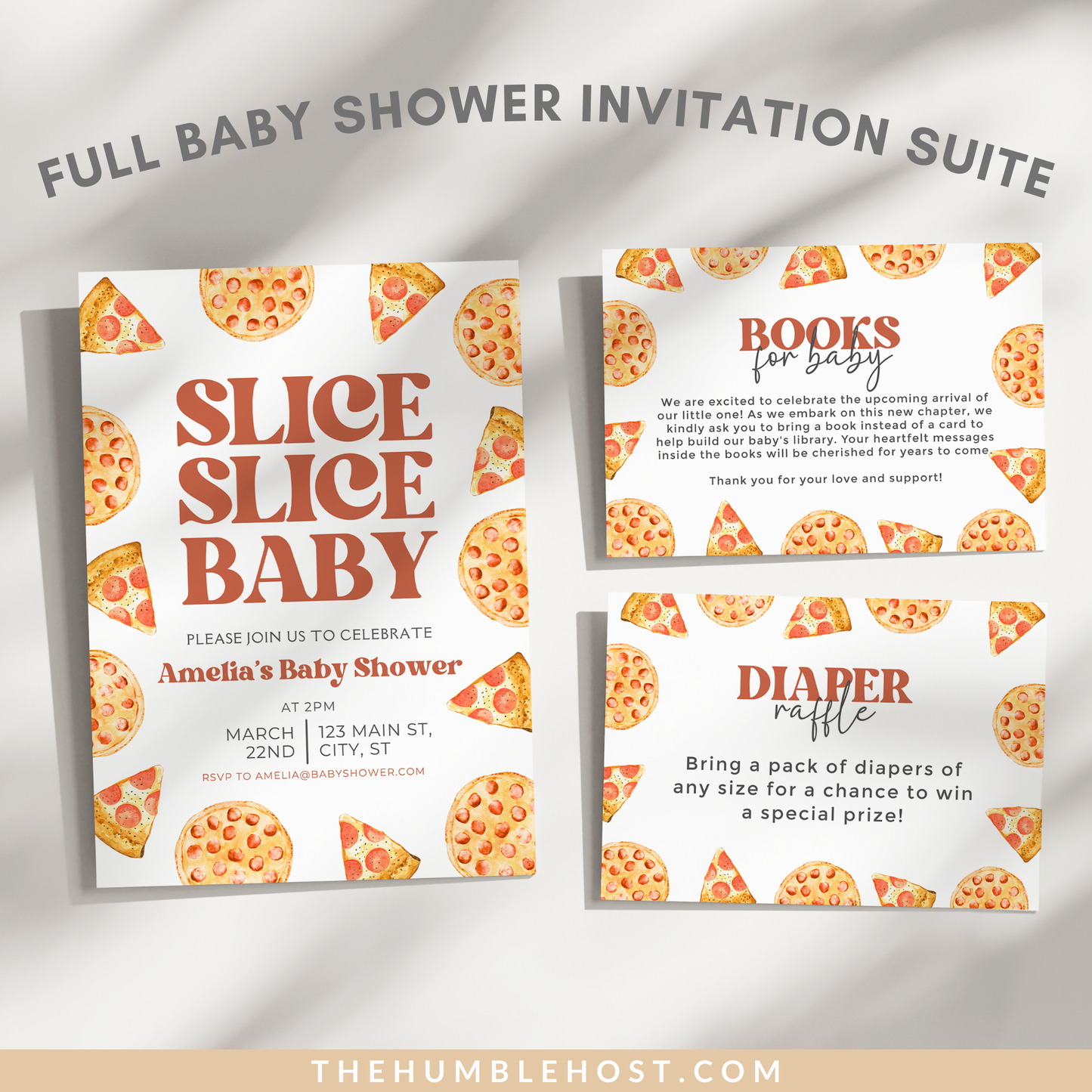 Slice Slice Baby Invitation, Pizza Baby Shower Invitation, Pizzeria Baby Sprinkle, Editable Pizza Baby Shower Invite, CoEd Baby Shower, books for baby, diaper raffle, gender neutral invitation template, pizza printable invitation, pizza shower