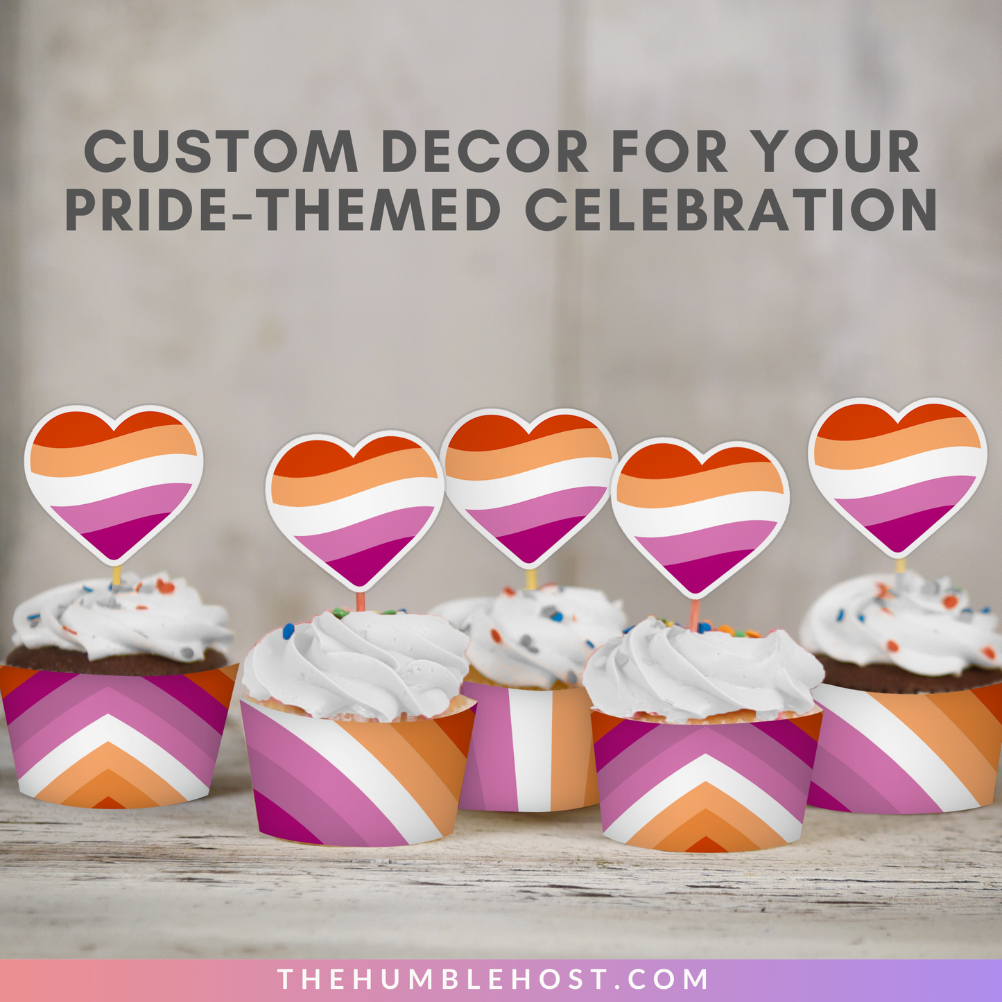 Lesbian Pride Cupcake Toppers, Cupcake Wrappers, Printable LGBTQ Pride Month Party Decor, Lesbian Pride Flag, Lesbian Day of Awareness Party, diy printable party decorations, party favor,  lesbian party decor, pride flag cupcake, lesbian pride decor