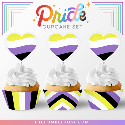 Non-Binary Cupcake Toppers, Cupcake Wrappers, Printable LGBTQ Pride Month Party Decor, Non Binary Pride Flag, DIY Party, Cricut, Silhouette, printable party decorations, party favor, food favor, non-binary pride, pride flag cupcake, non binary decor