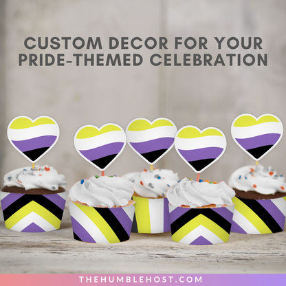 Non-Binary Cupcake Toppers, Cupcake Wrappers, Printable LGBTQ Pride Month Party Decor, Non Binary Pride Flag, DIY Party, Cricut, Silhouette, printable party decorations, party favor, food favor, non-binary pride, pride flag cupcake, non binary decor