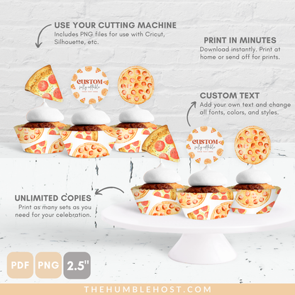 Pizza Cupcake Toppers, Printable Cupcake Wrappers, Custom Editable Template, Slice Slice Baby Shower, Pizzeria Baby Sprinkle, Kids Birthday, custom cake topper, cricut template, cupcake set, pizza themed, diy party decor, pizza birthday party