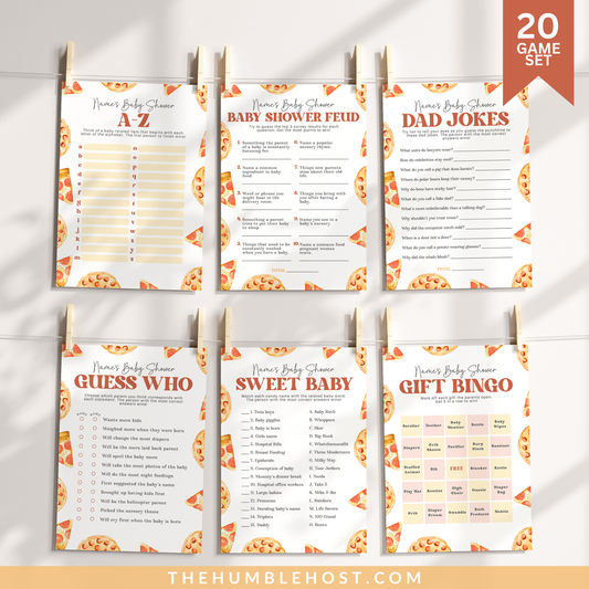 Slice Slice Baby Editable Pizza Baby Shower Games Set, Gender Neutral, Printable Baby Shower Games Bundle, Baby Bingo, Baby Family Feud Game, baby shower trivia, baby bingo, baby shower games, editable template, printable games, baby predictions card