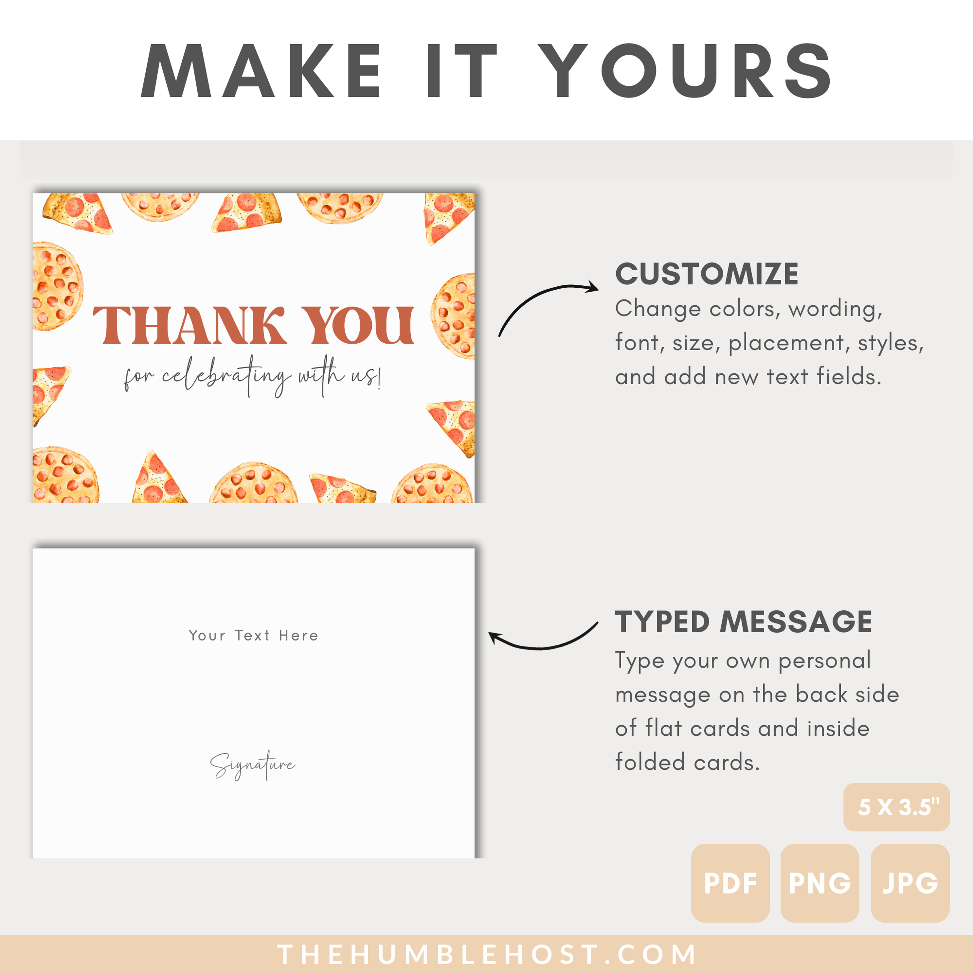 Editable Pizza Thank You Cards, Pizza Party Thank You Card Template Retro Style Printable Party Supplies, Birthday, Slice Slice Baby Shower, baby shower card, birthday thank you, card template, pizza baby shower, printable favor card, retro thank you