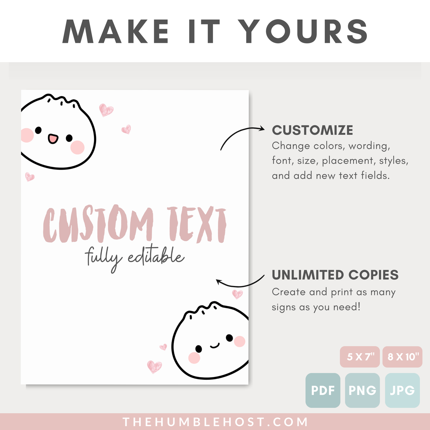 Cute Dumpling Table Signs, Dim Sum Custom Sign, Printable Bao Event Decor Editable Template, DIY Party Decor Little Dumpling Baby Shower Set, diy party decor, editable shower, kawaii, printable template, table signs, sign template, editable sign