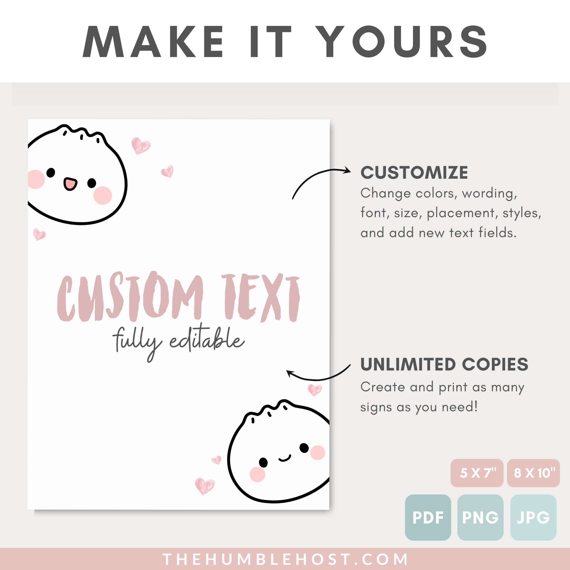 Cute Dumpling Table Signs, Dim Sum Custom Sign, Printable Bao Event Decor Editable Template, DIY Party Decor Little Dumpling Baby Shower Set, diy party decor, editable shower, kawaii, printable template, table signs, sign template, editable sign