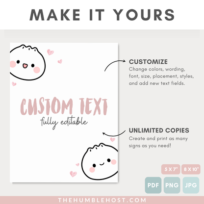 Cute Dumpling Table Signs, Dim Sum Custom Sign, Printable Bao Event Decor Editable Template, DIY Party Decor Little Dumpling Baby Shower Set, diy party decor, editable shower, kawaii, printable template, table signs, sign template, editable sign