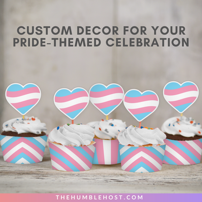 Transgender Pride Flag Cupcake Toppers, Cupcake Wrappers, Printable LGBTQ Pride Month Party Decor, Trans Flag Pride Party Supplies, Cricut, diy party decor, printable party, party favor, food favor, trans flag, pride flag cupcake, trans pride decor