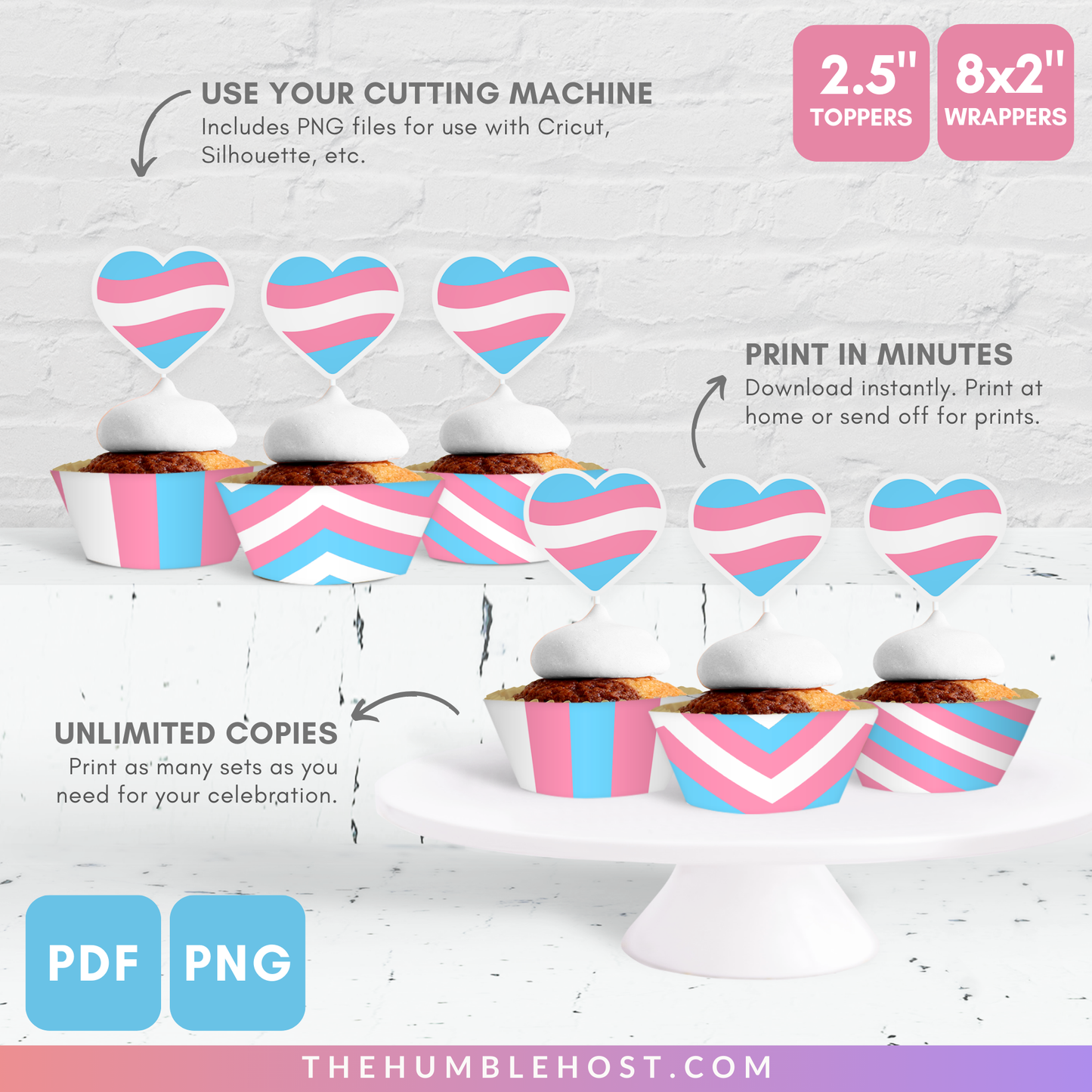 Transgender Pride Flag Cupcake Toppers, Cupcake Wrappers, Printable LGBTQ Pride Month Party Decor, Trans Flag Pride Party Supplies, Cricut, diy party decor, printable party, party favor, food favor, trans flag, pride flag cupcake, trans pride decor