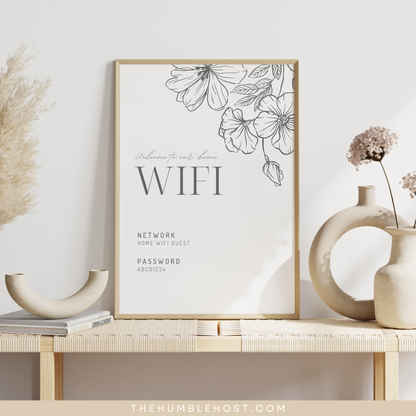 WiFi Password Sign, Editable WiFi Sign Template, Wall Art WiFi Password Printable, Airbnb VRBO Template, Airbnb Sign, VRBO Sign guest room decor, printable wifi password sign, salon sign, internet sign, minimalist floral, modern internet password